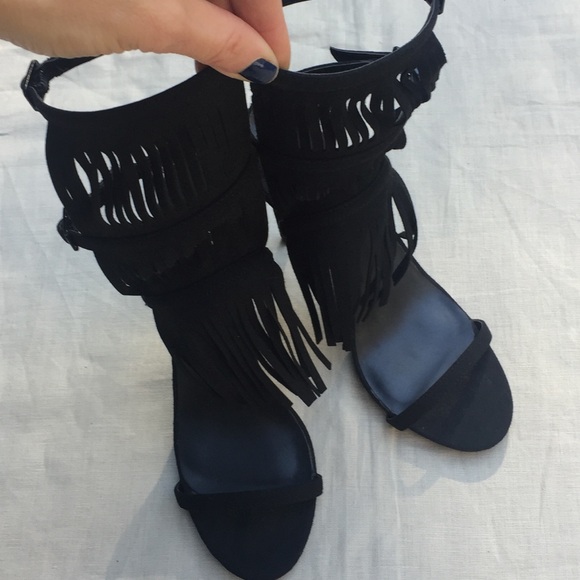 Nasty Gal black fringe stiletto heels sandals - Picture 2 of 4